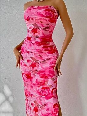 Strapless Pink Floral Bodycon Dress